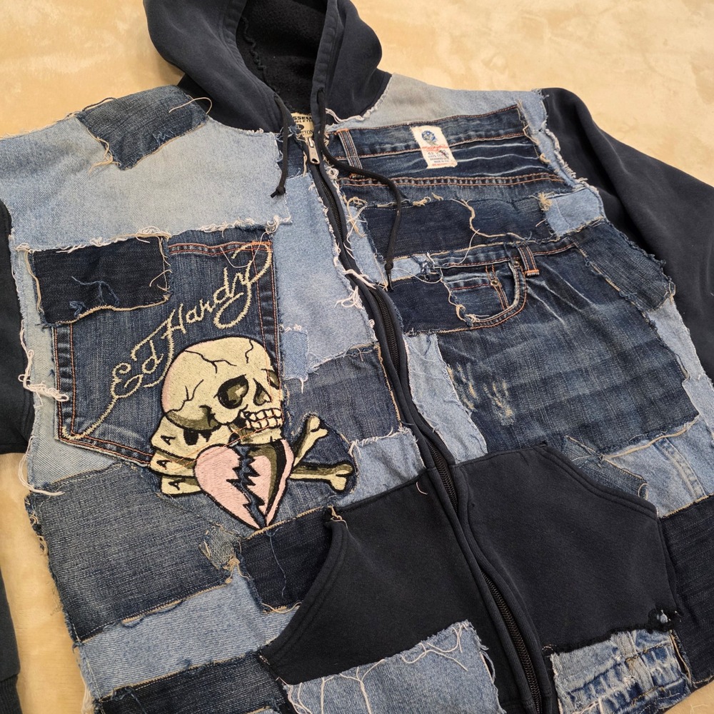 Y2K Reworked Ed Hardy Patchwork Denim Hoodie 1 of 1 VTG Russell Streetwear XL